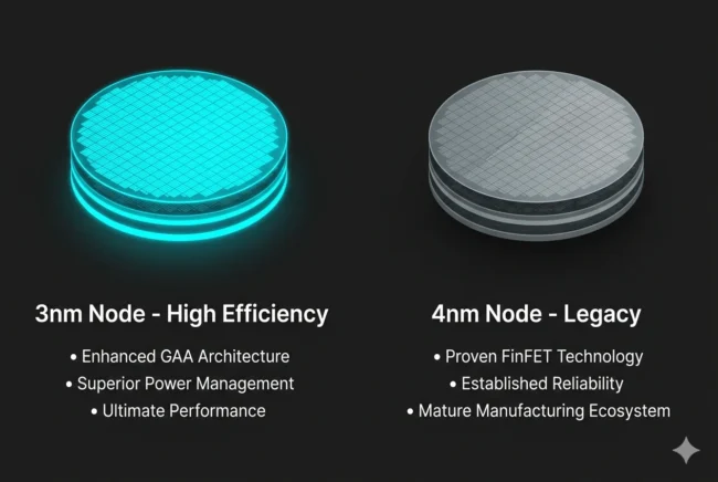 Technical infographic comparing the power efficiency and transistor density of the 3nm Dimensity 8600 against the 4nm Dimensity 8500.
