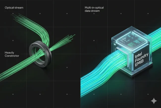 Technical infographic illustrating NVIDIA diversifying its manufacturing from a constrained TSMC to Intel's advanced EMIB packaging facilities.