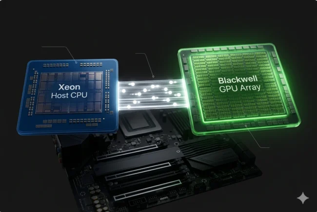 Structural 3D diagram showing NVIDIA NVLink connecting directly into an Intel Xeon Diamond Rapids processor for unified memory access.
