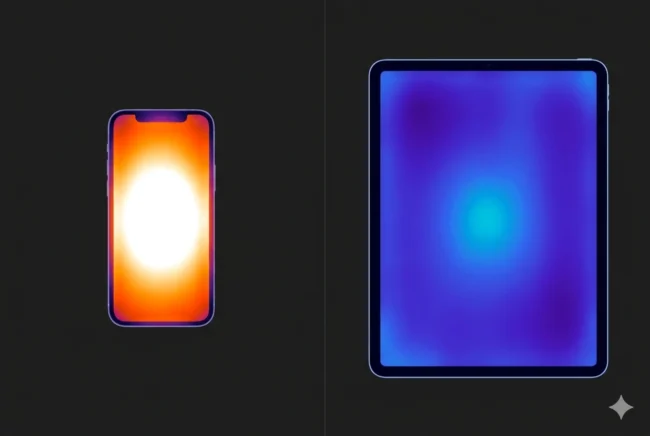 Thermal map visualization comparing the heat dissipation of the Dimensity 9500 in a smartphone versus the massive cooling area of the Galaxy Tab S12 tablet.