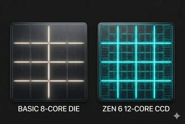 Architectural die comparison showing the leap from Zen 5's 8-core CCD to the incredibly dense 12-core CCD of Zen 6 on TSMC's 2nm node.