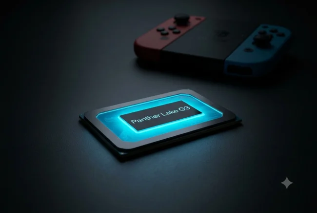 Concept visual of an Intel Panther Lake processor powering advanced mobile console emulation.