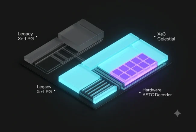 Technical die diagram comparing the older Intel Xe architecture against the new Xe3 Celestial architecture, highlighting dedicated emulation hardware blocks.