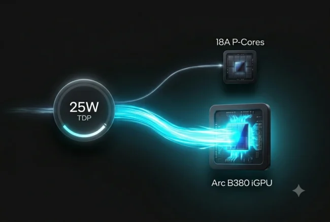 Data visualization showing the Panther Lake G3's efficient 18A CPU routing the majority of the 25W thermal budget directly to the Arc B380 iGPU for sustained gaming performance.