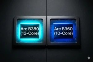 Concept render comparing the Intel Arc B380 and Arc B360 integrated GPU dies for 2026 handheld gaming consoles.