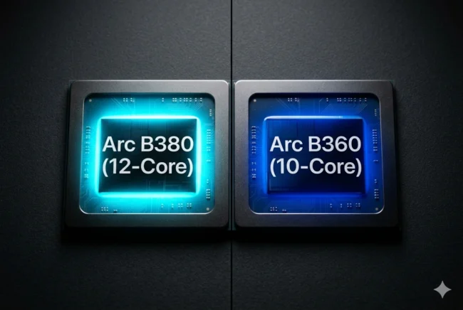 Concept render comparing the Intel Arc B380 and Arc B360 integrated GPU dies for 2026 handheld gaming consoles.
