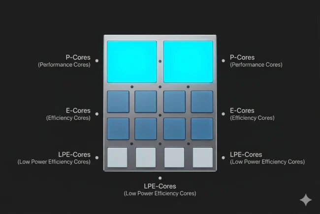 Architectural die diagram of the Intel Panther Lake G3 processor showing the 2 P-Core, 8 E-Core, and 4 LPE-Core configuration.