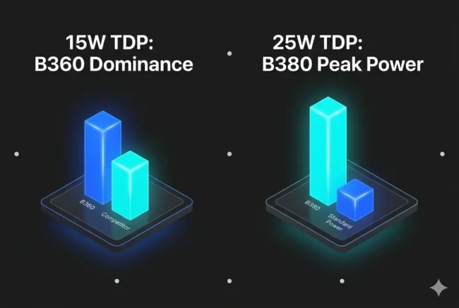 Data visualization comparing the performance-per-watt efficiency of the Arc B360 at 15W versus the Arc B380 at 25W TDP.
