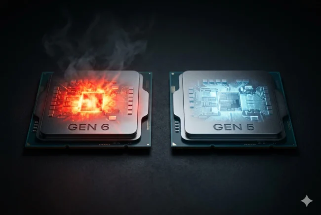 Concept visual comparing an overheating Snapdragon 8 Elite Gen 6 processor against a stable, cool Snapdragon 8 Elite Gen 5.