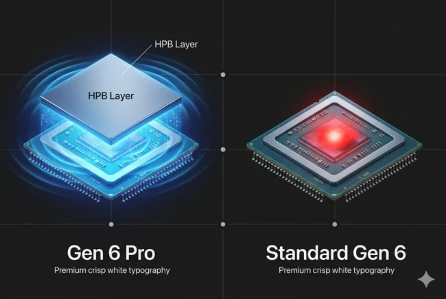 Technical infographic illustrating how the Heat Pass Block (HPB) cooling technology is exclusive to the Pro processor, leaving the standard Gen 6 chip to overheat.