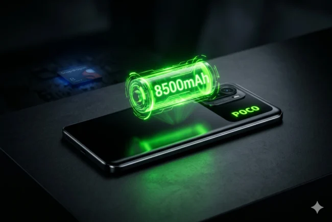 Concept render of the POCO F9 Pro showcasing its massive 8500mAh battery capacity.