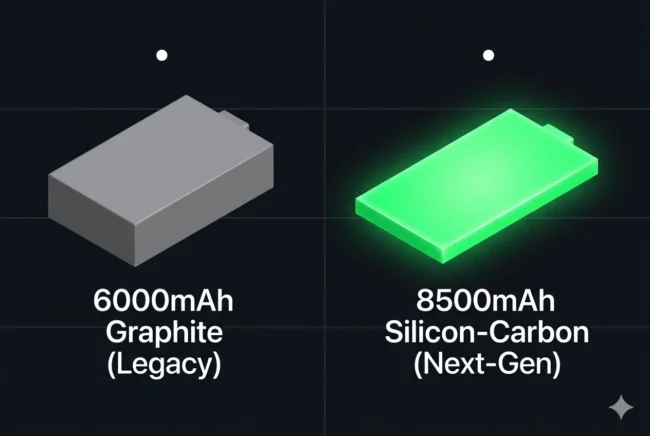 Infographic comparing the physical thickness of legacy graphite batteries against high-density Silicon-Carbon batteries used in the POCO F9 Pro.