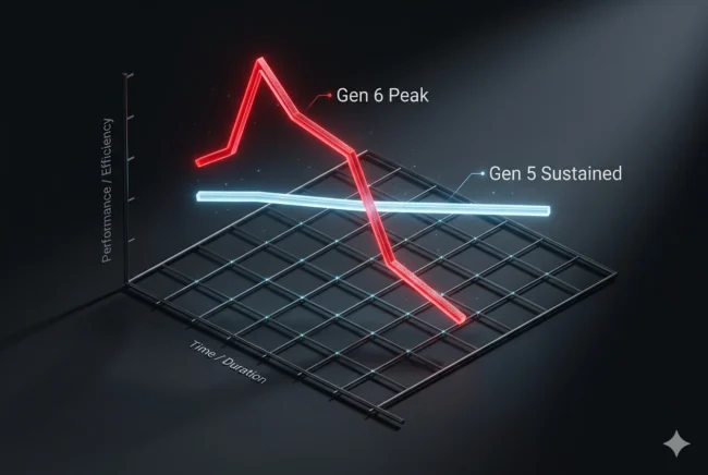 Data visualization graph showing the sustained gaming performance of the Snapdragon 8 Elite Gen 5 compared to the thermal throttling of the Gen 6.