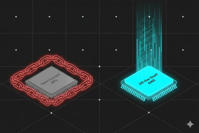 Technical infographic illustrating Valve's rumored shift from semi-custom APUs to off-the-shelf AMD silicon for the Steam Deck 2.