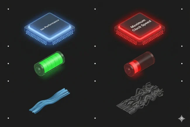 Infographic demonstrating how pushing 2nm processors to extreme clock speeds negates their inherent power efficiency advantages.