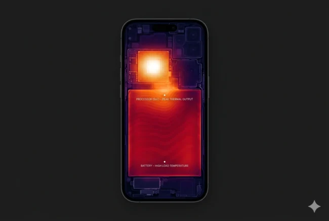 X-ray thermal visualization of a smartphone showing the dangerous heat overlap caused by heavy 2nm processing and 100W fast charging occurring simultaneously.