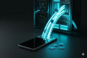 Concept visual showing AI server racks absorbing the global supply of RAM, leaving smartphones starved for memory.
