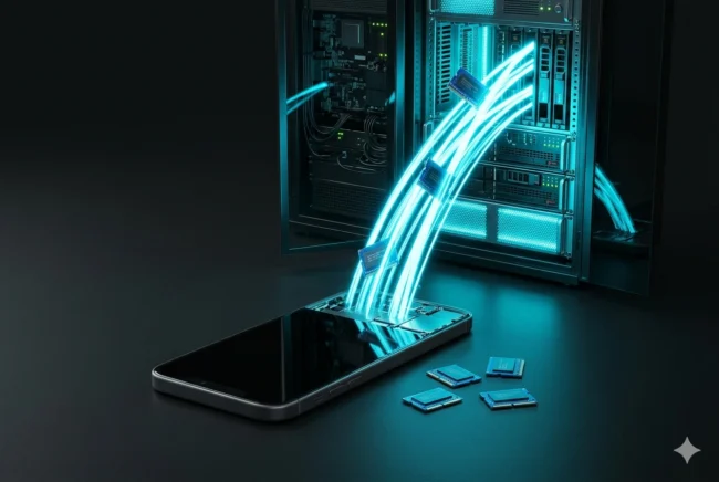 Concept visual showing AI server racks absorbing the global supply of RAM, leaving smartphones starved for memory.