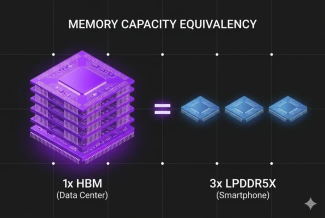 Technical infographic illustrating how the production of one high-bandwidth memory (HBM) chip for AI requires sacrificing the production of three standard LPDDR5X smartphone RAM chips.