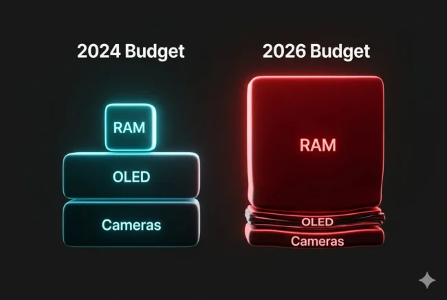 Data visualization showing how the surging cost of RAM in 2026 is consuming the Bill of Materials budget for mid-range smartphones, forcing downgrades in other components.