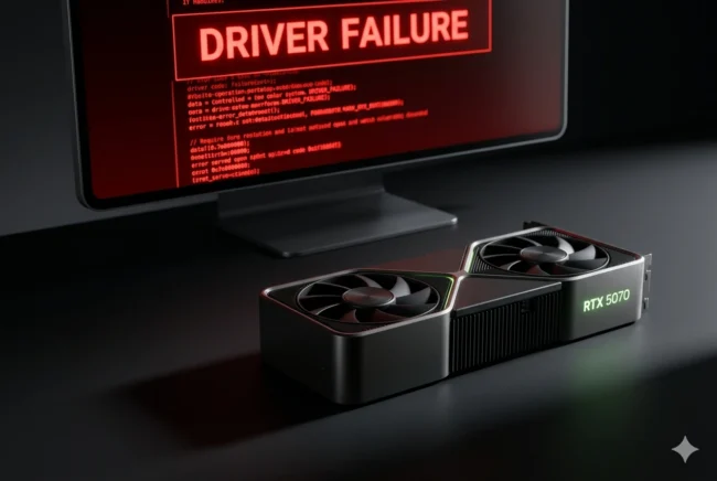 Concept visual of an NVIDIA RTX 5070 graphics card experiencing severe driver crashes and black screen errors.