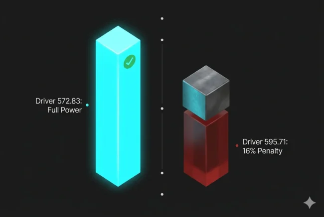Data visualization showing the 16% benchmark performance drop caused by the NVIDIA 595.71 driver power limits.