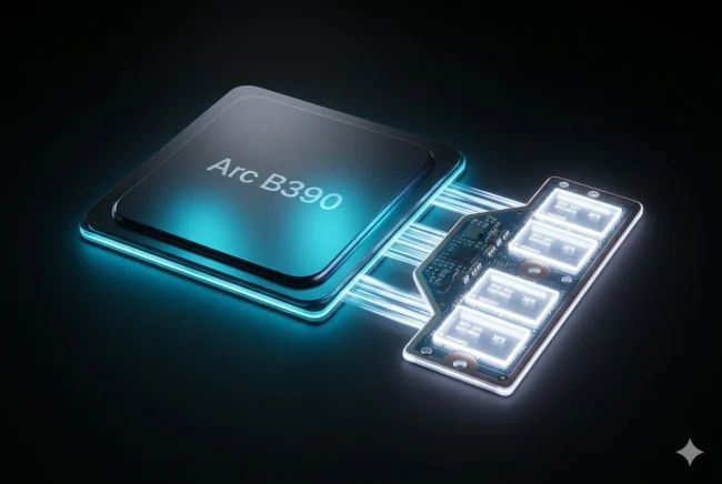 Concept render of an Intel Panther Lake processor connected to an ultra-fast 7,467 MT/s LPCAMM2 memory module.