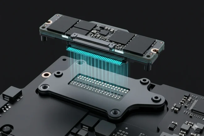 Extreme macro exploded-view render of an LPCAMM2 memory module being installed onto a premium laptop motherboard.