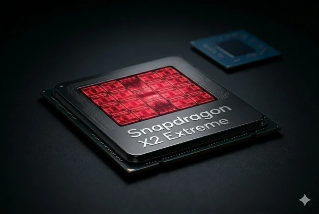 Concept render of the Qualcomm Snapdragon X2 Elite Extreme "Project Glymur" 18-core processor.