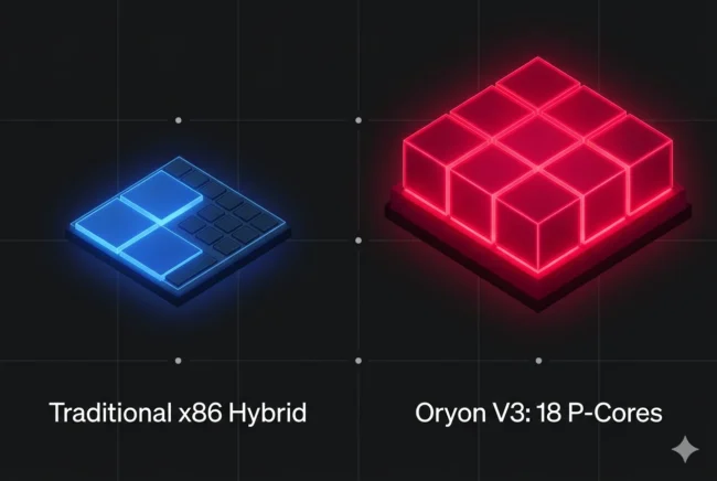 Technical die diagram comparing a traditional hybrid processor with efficiency cores against the 18-core all-performance layout of Qualcomm's Project Glymur.