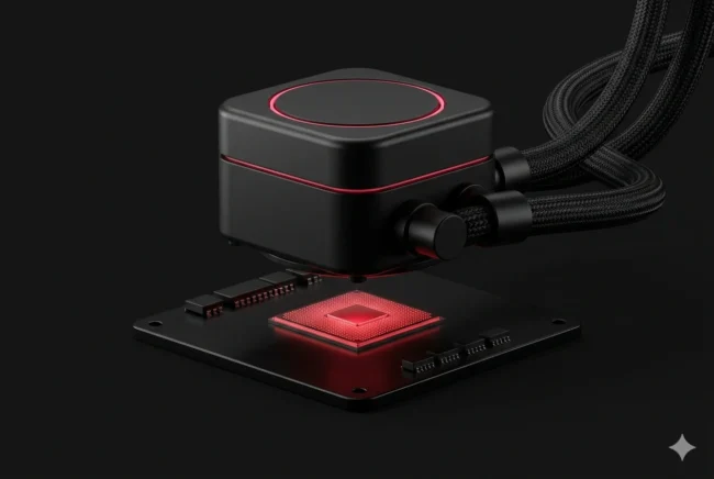 Concept render showing the mobile Snapdragon X2 processor being tested with a desktop-class 120mm liquid AIO cooler.