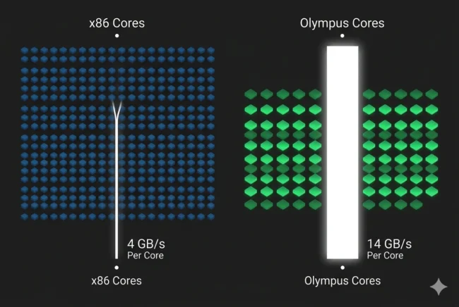 Technical data visualization comparing the per-core memory bandwidth of traditional x86 server CPUs against the NVIDIA Vera CPU's 1.2 TB/s SOCAMM interface.