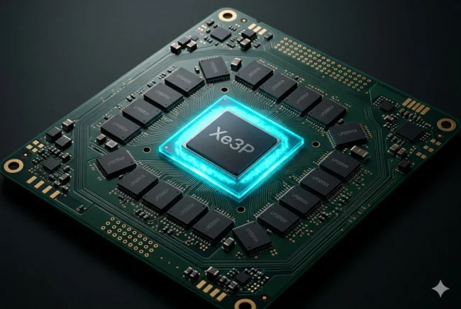 Concept render of the Intel Crescent Island PCB featuring the Xe3P GPU and 20 LPDDR5X memory pads.