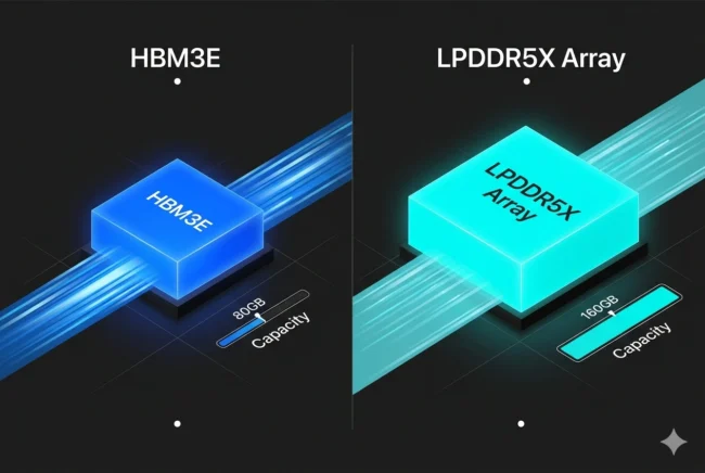 Data visualization comparing the memory bandwidth and capacity of standard HBM setups versus Intel's 160GB LPDDR5X Xe3P configuration.