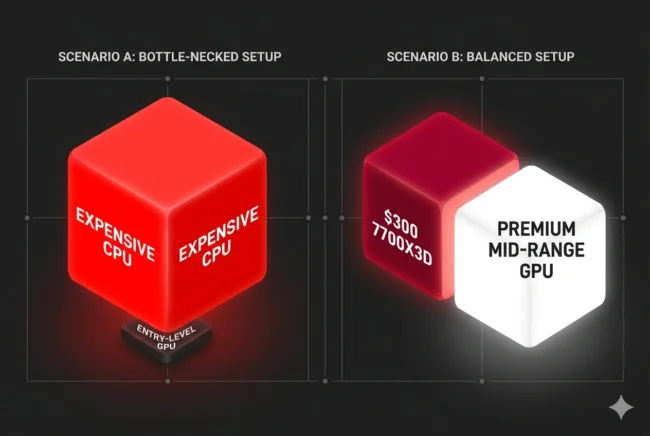 Data visualization showing how the $300 price tag of the Ryzen 7 7700X3D frees up the PC building budget for a better mid-range GPU.