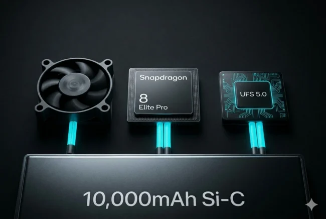 Concept render showing a Snapdragon 8 Elite Gen 6 Pro, a UFS 5.0 storage module, and an active cooling fan being powered by a massive 10,000mAh battery