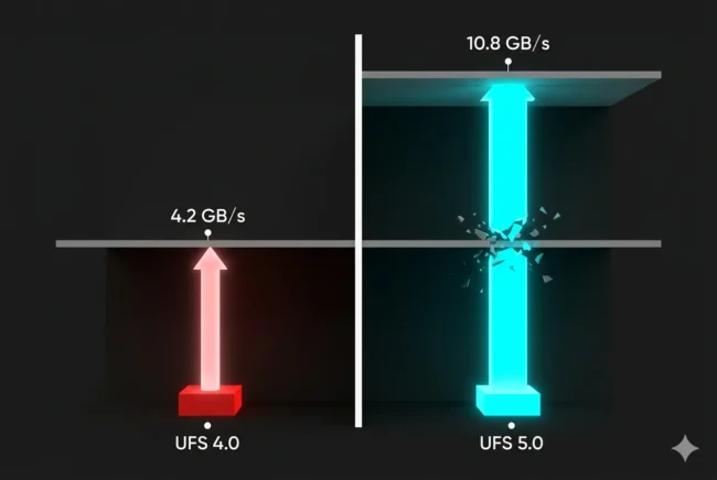Data visualization comparing the 4.2 GB/s speed of UFS 4.0 to the massive 10.8 GB/s throughput of UFS 5.0 using MIPI M-PHY v6.0.