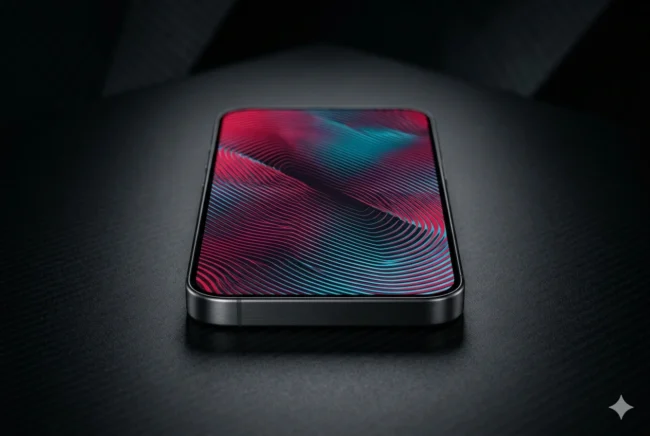 Concept render of a 2027 flagship smartphone featuring an ultra-narrow 1mm bezel and a brilliant 2K LTPS 240Hz display.