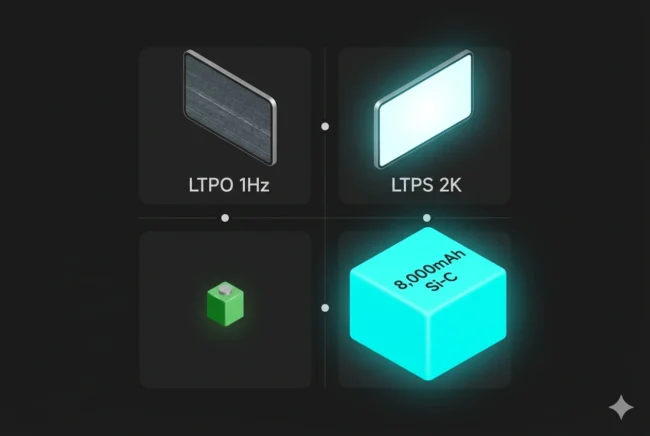 Infographic comparing the power-saving architecture of LTPO displays against the visual superiority and high power draw of LTPS displays.