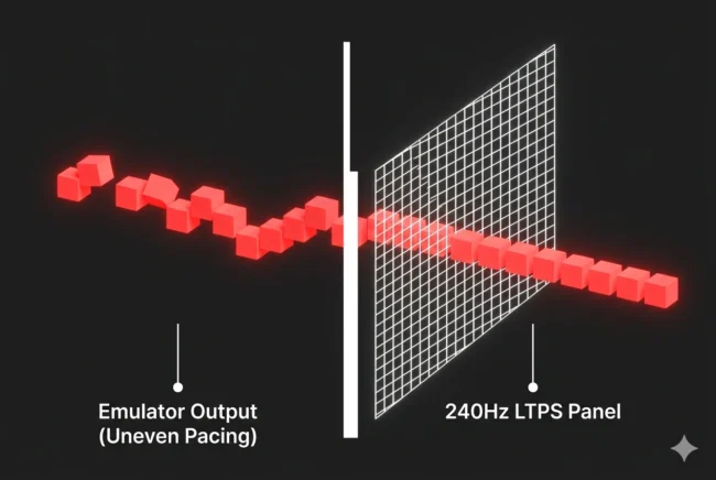 Data visualization showing how a 240Hz display refresh rate absorbs irregular frame pacing from heavy AAA gaming emulators to prevent screen tearing.