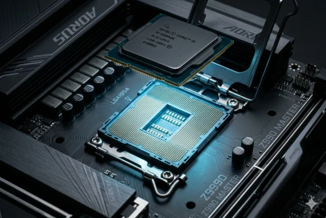 Concept render of the massive Intel LGA-1954 motherboard socket, built to support four generations of CPUs including Nova Lake.