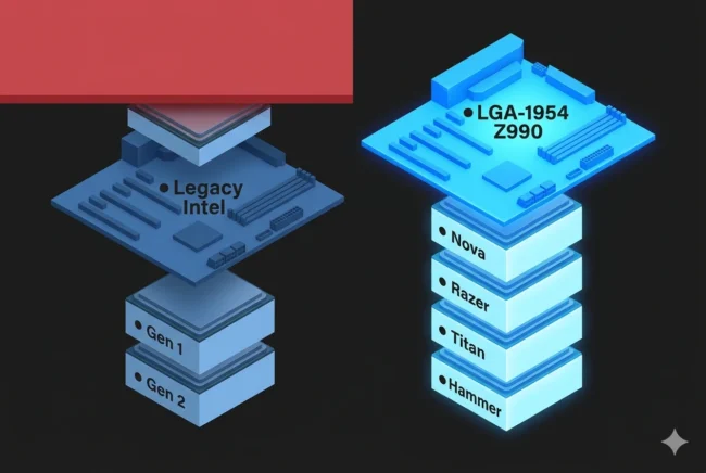 Infographic comparing Intel's historical two-generation socket lifespans with the new four-generation longevity of the LGA-1954 platform.