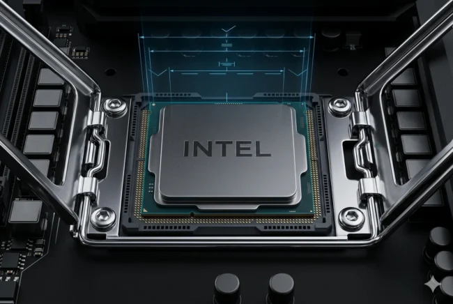 Structural render of the 2L-ILM (Two-Lever Independent Loading Mechanism) on the Intel LGA-1954 socket, ensuring even mounting pressure for the Nova Lake CPU.