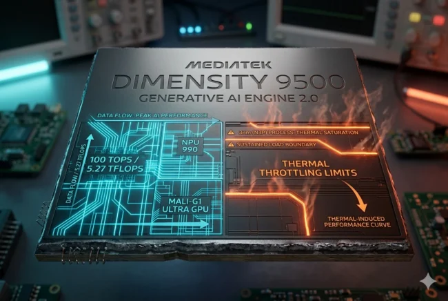 MediaTek Dimensity 9500 flagship chip deep dive highlighting 100 TOPS NPU, 5.27 TFLOPS graphics, and thermal limits