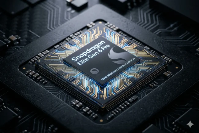 Macro shot of the Snapdragon 8 Elite Gen 6 Pro chipset with glowing 2nm circuitry on a dark premium background.