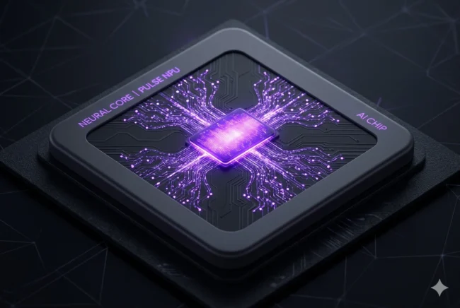 Technical visualization of the Snapdragon Oryon V5 NPU architecture showing high-speed neural processing pathways