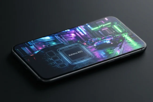 A smartphone rendering hyper-realistic ray-traced gaming graphics powered by the glowing Snapdragon Adreno 850 GPU