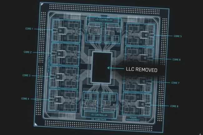 Silicon die cross-section showing the missing LLC (Last Level Cache) layer in the standard Snapdragon 8 Elite Gen 6