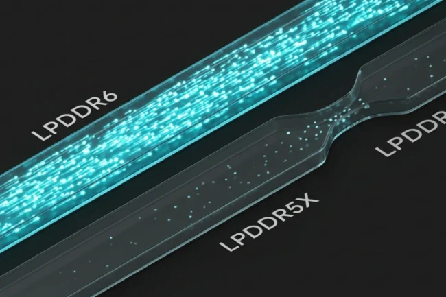 Technical diagram visualizing the 70% bandwidth gap between LPDDR5X and LPDDR6 memory controllers