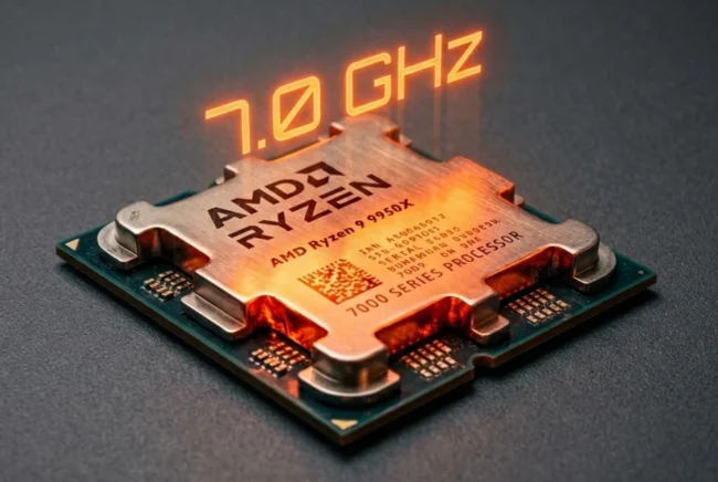 Futuristic concept render of the AMD Zen 6 Medusa CPU projecting a 7.0 GHz clock speed hologram.